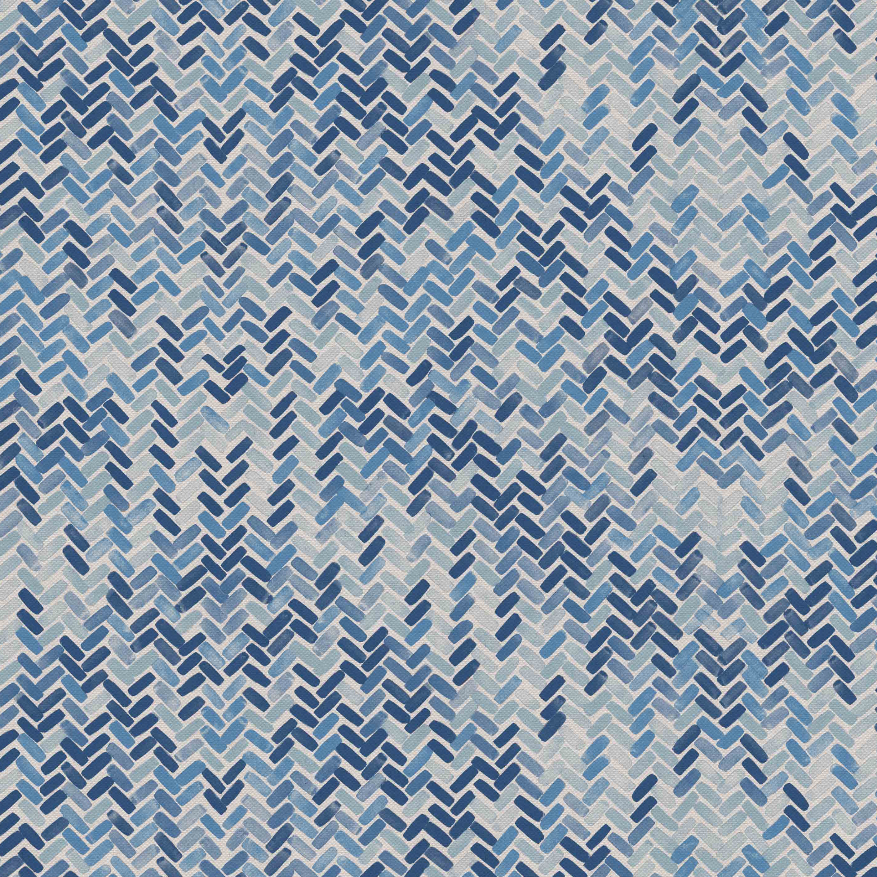 Detail of fabric in a thatched herringbone pattern in shades of blue and navy.
