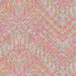 Detail of fabric in a thatched herringbone pattern in shades of pink, orange and green.