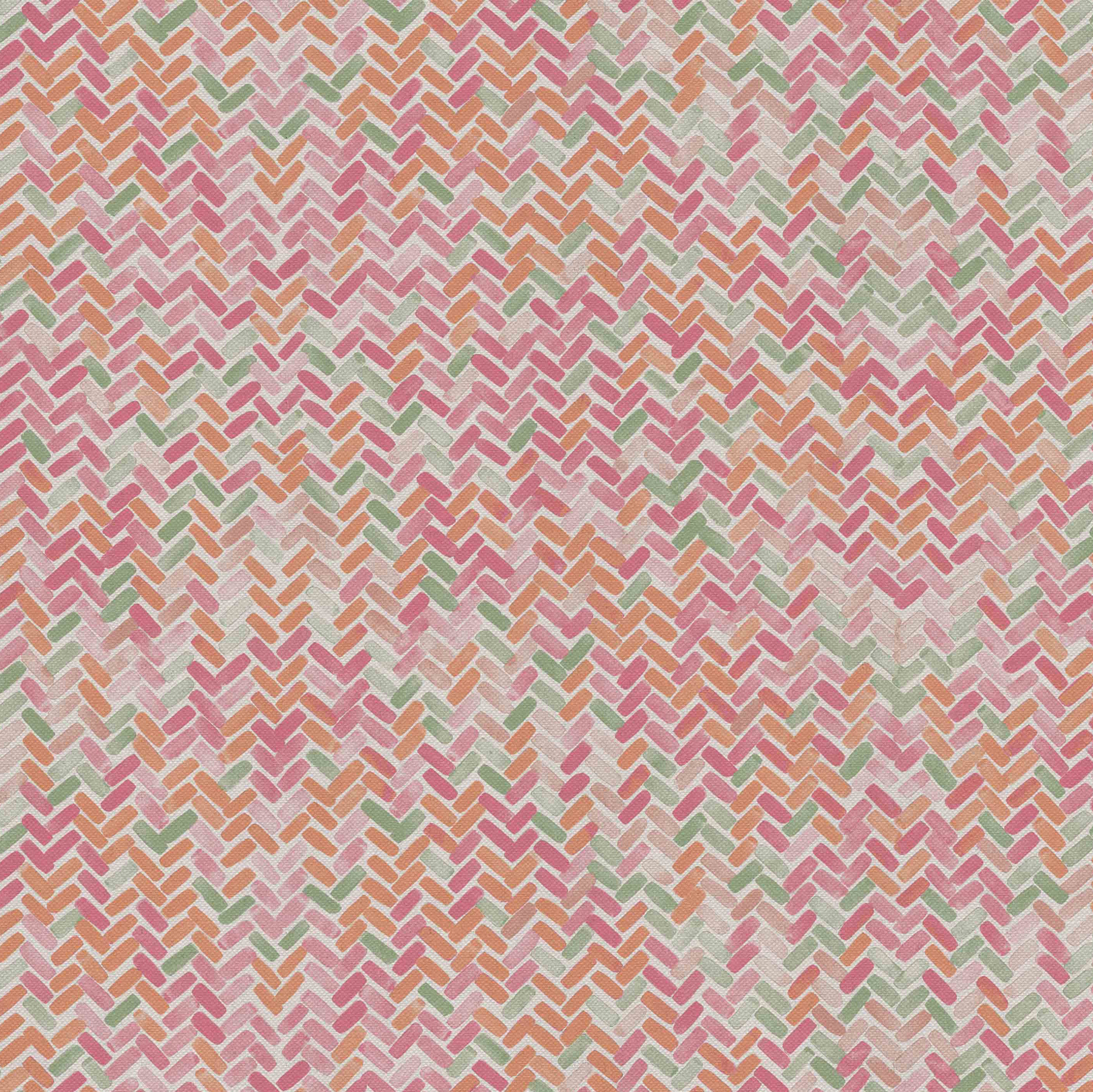 Detail of fabric in a thatched herringbone pattern in shades of pink, orange and green.