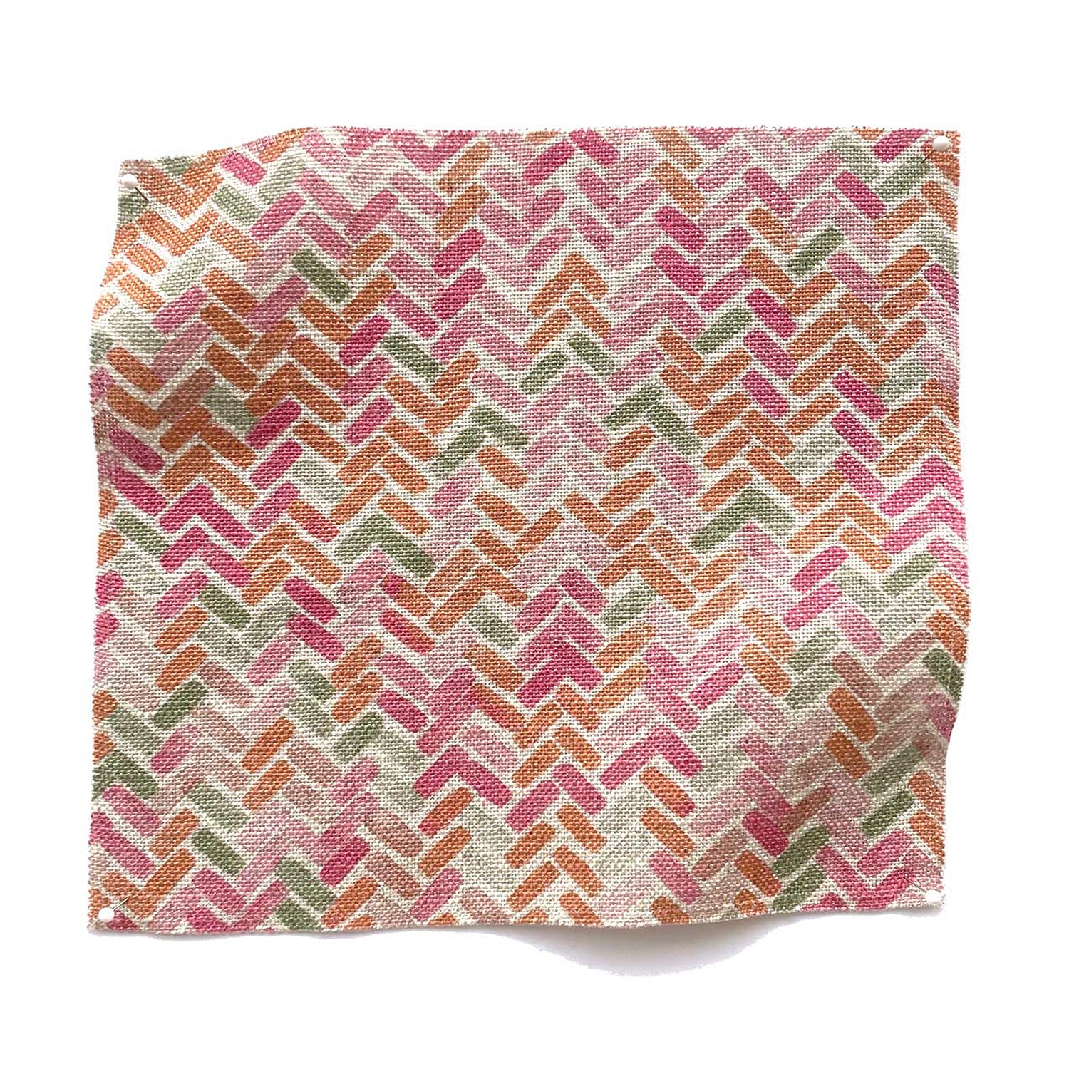 Square fabric swatch in a thatched herringbone pattern in shades of pink, orange and green.