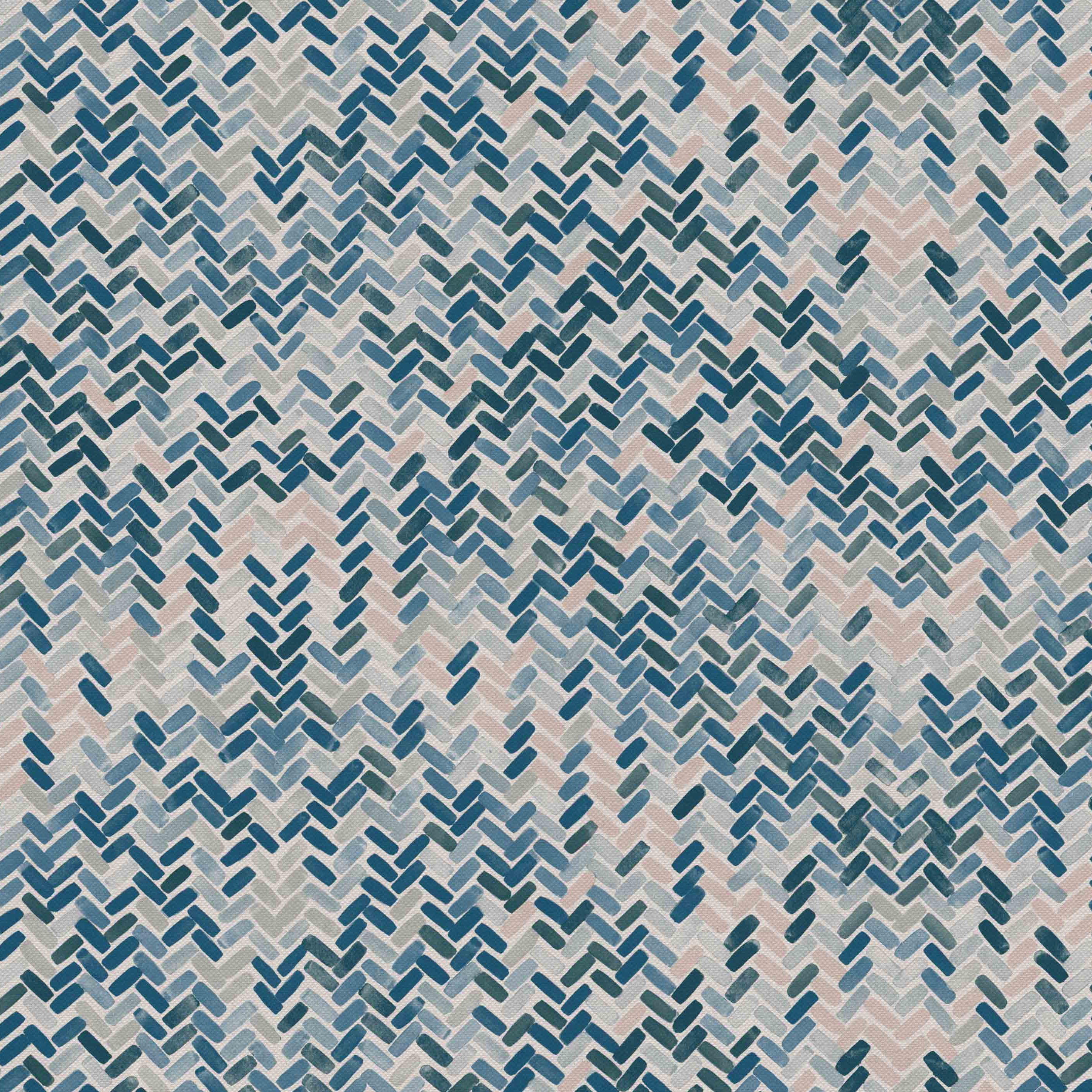 Detail of fabric in a thatched herringbone pattern in shades of pink, blue and navy.