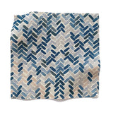 Square fabric swatch in a thatched herringbone pattern in shades of pink, blue and navy.