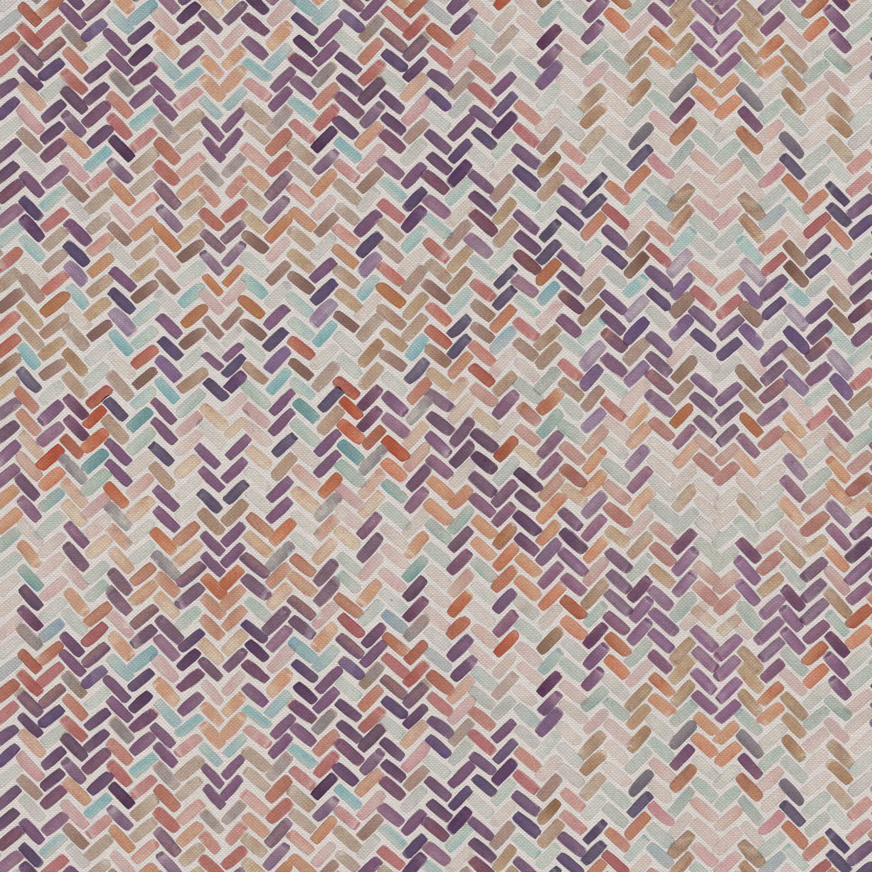 Detail of fabric in a thatched herringbone pattern in shades of pink, purple, blue and tan.