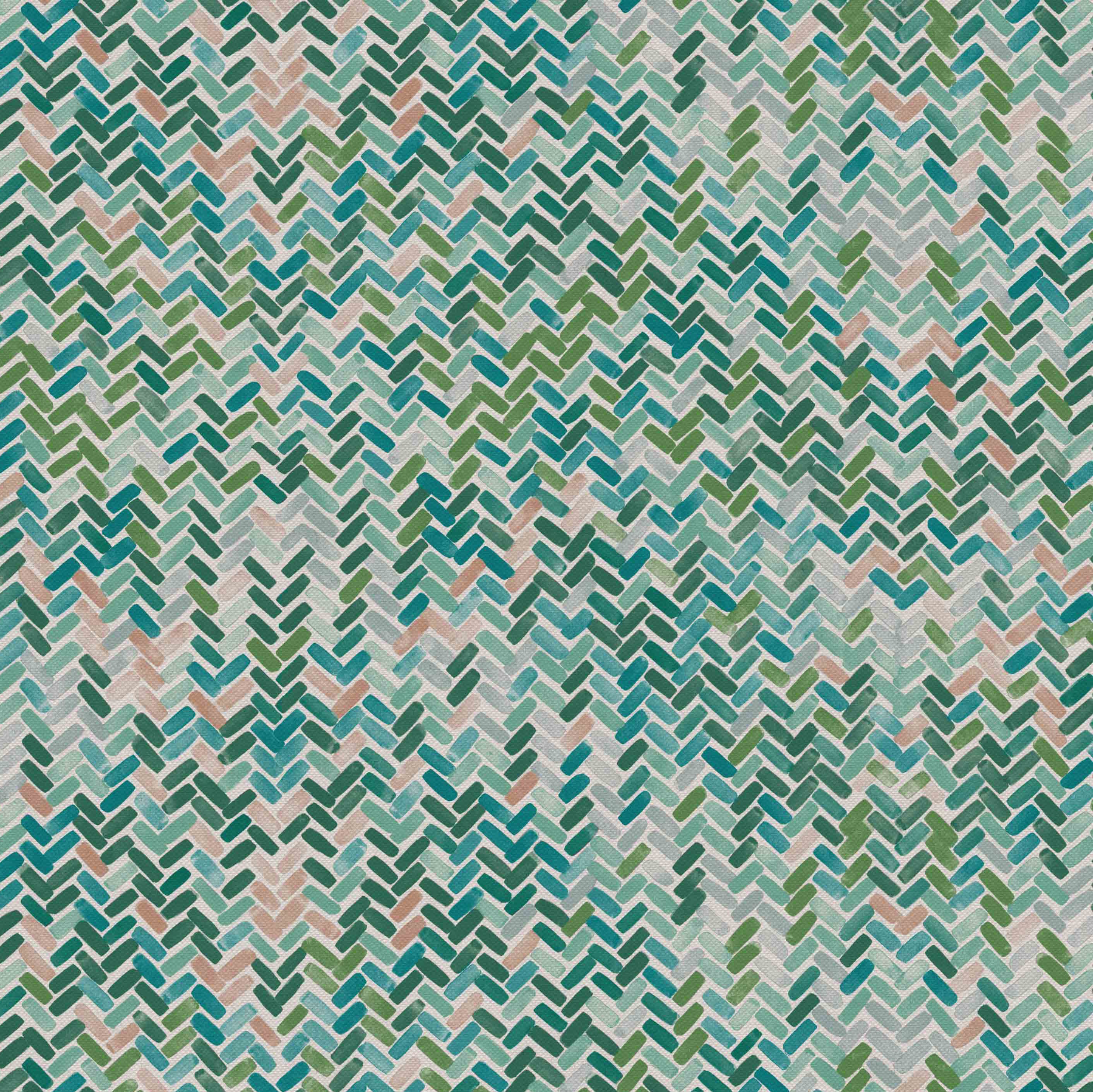 Detail of fabric in a thatched herringbone pattern in shades of pink, blue and green.