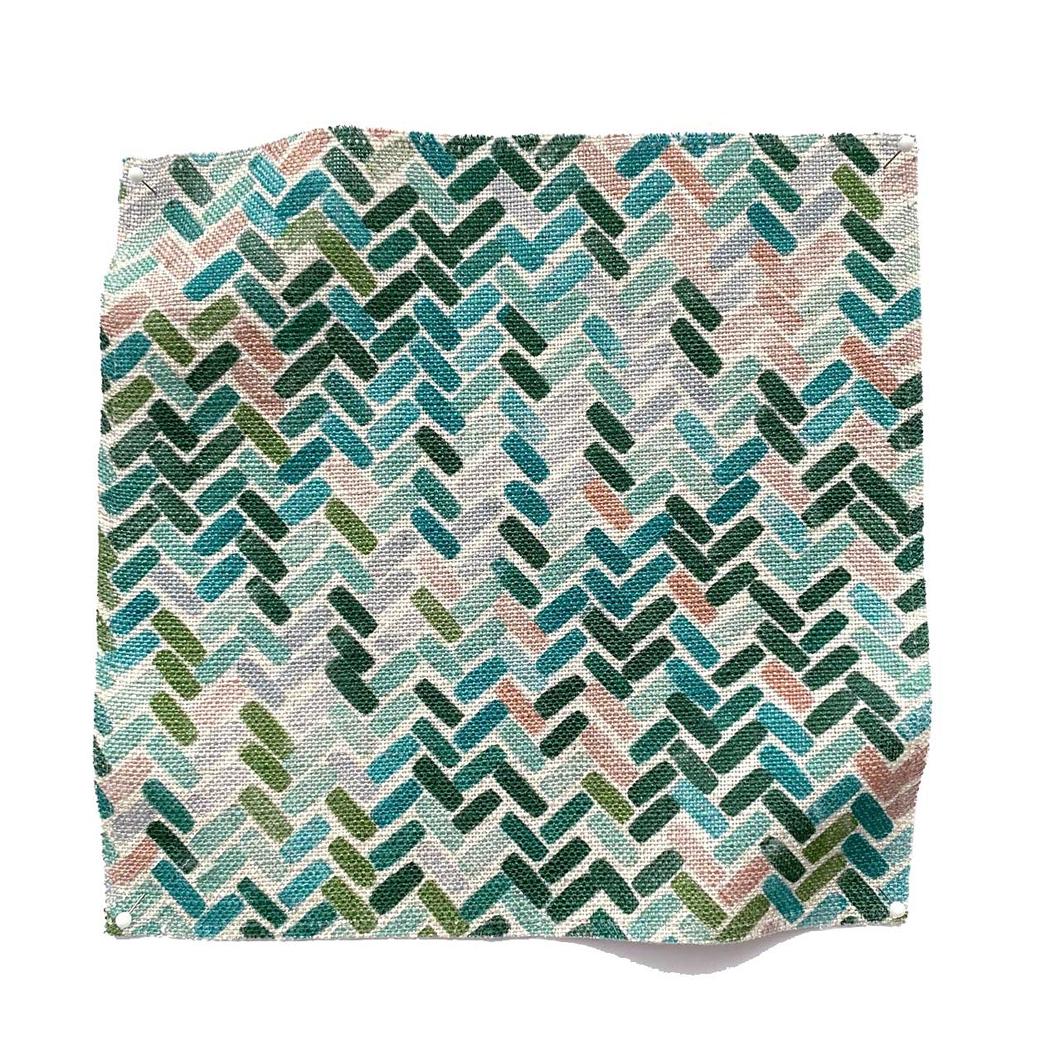 Square fabric swatch in a thatched herringbone pattern in shades of pink, blue and green.