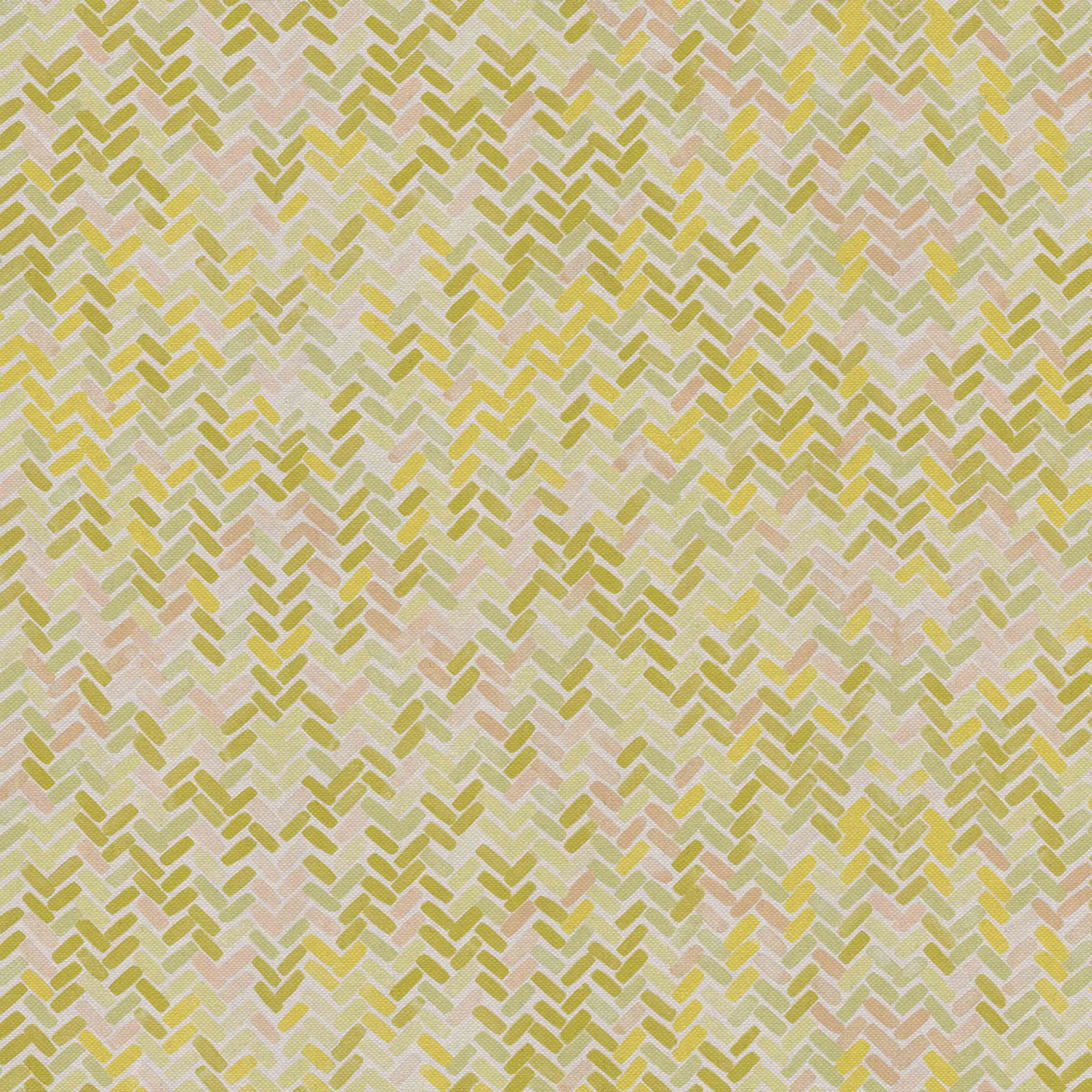 Detail of fabric in a thatched herringbone pattern in shades of yellow, pink and green.