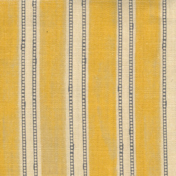 Fabric in a repeating striped pattern in yellow and navy on a cream field.