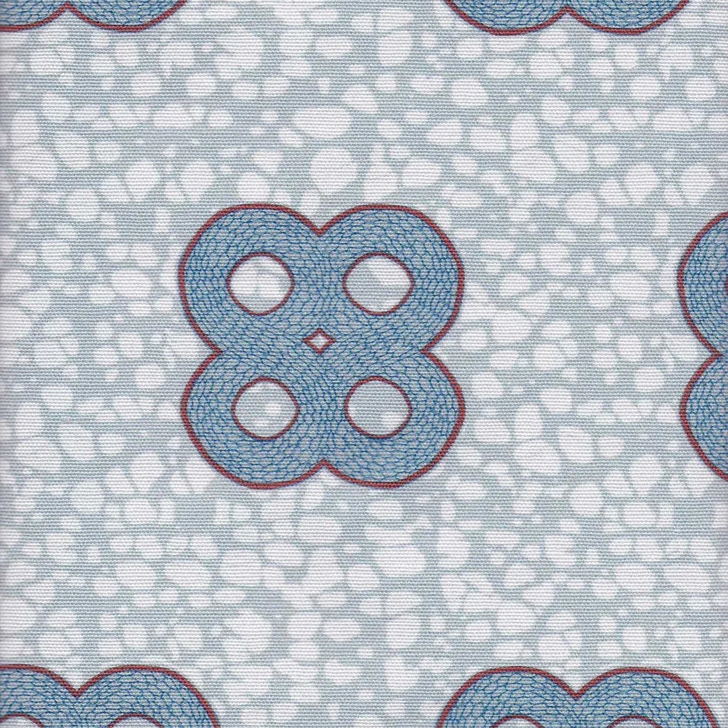 Detail of fabric in a curvilinear print in blue and red on a mottled blue field.