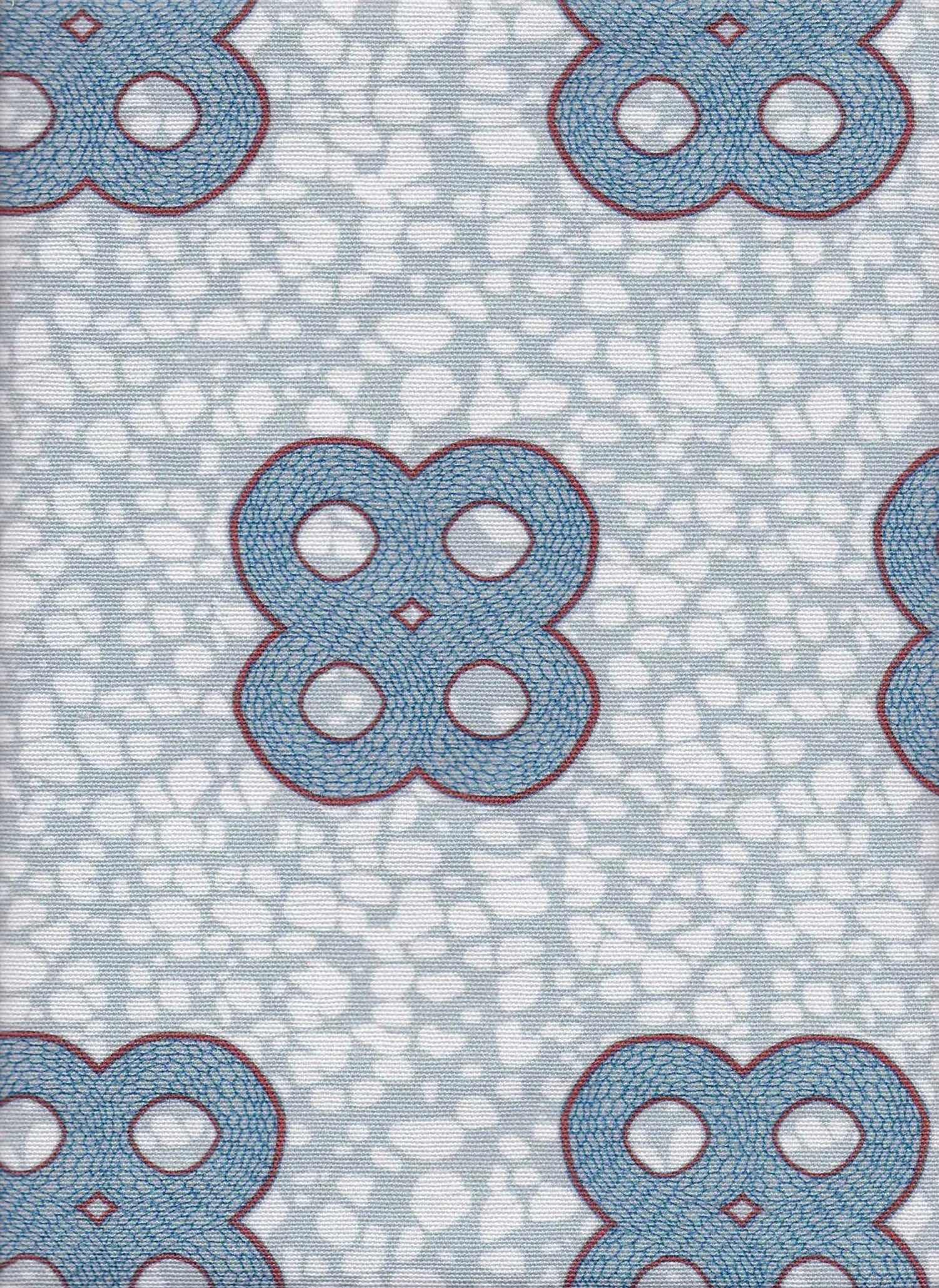 Detail of fabric in a curvilinear print in blue and red on a mottled blue field.