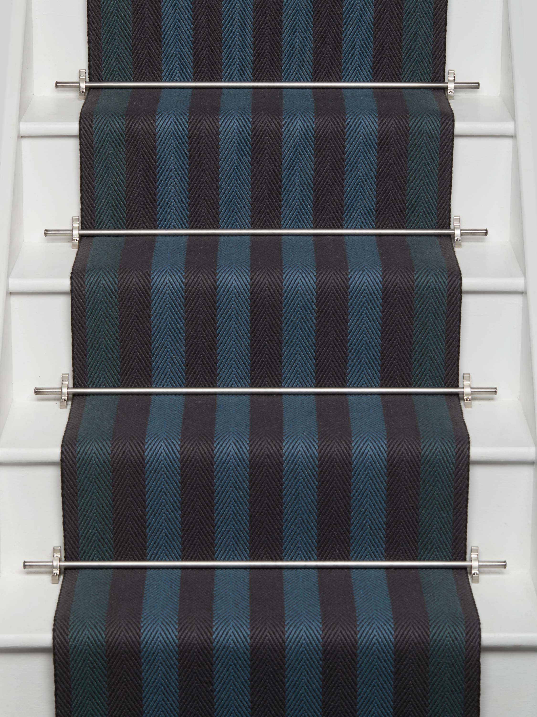 Striped flatweave runner in blue and black on white staircase