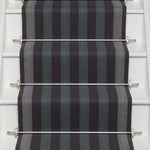 Striped flatweave runner in grey blue and black on white staircase