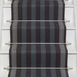 Striped flatweave runner in grey blue and black on white staircase