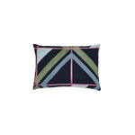 Rectangular throw pillow with a large-scale geometric print embroidered in shades of blue, olive and pink on a dark navy field.