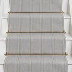 Striped flatweave runner in grey and green on white staircase