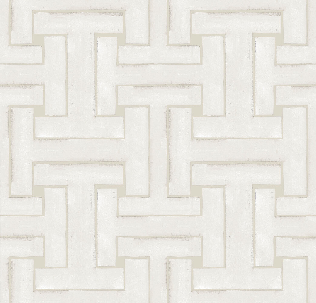 Detail of cream wallpaper in a large-scale interlocking geometric print.