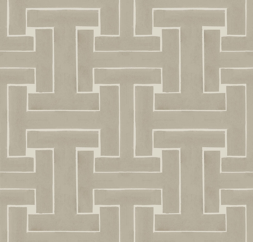 Detail of wallpaper in a large-scale interlocking geometric print in tan on a cream field.