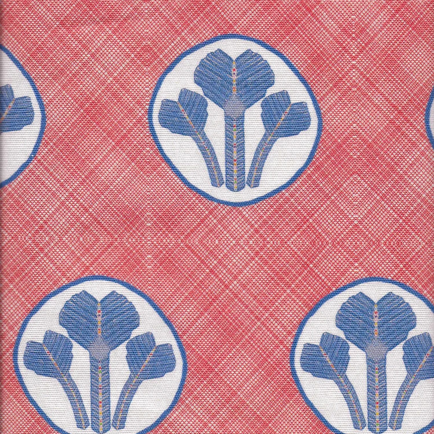 Detail of fabric in a repeating curvilinear floral print in blue and cream on a red field.