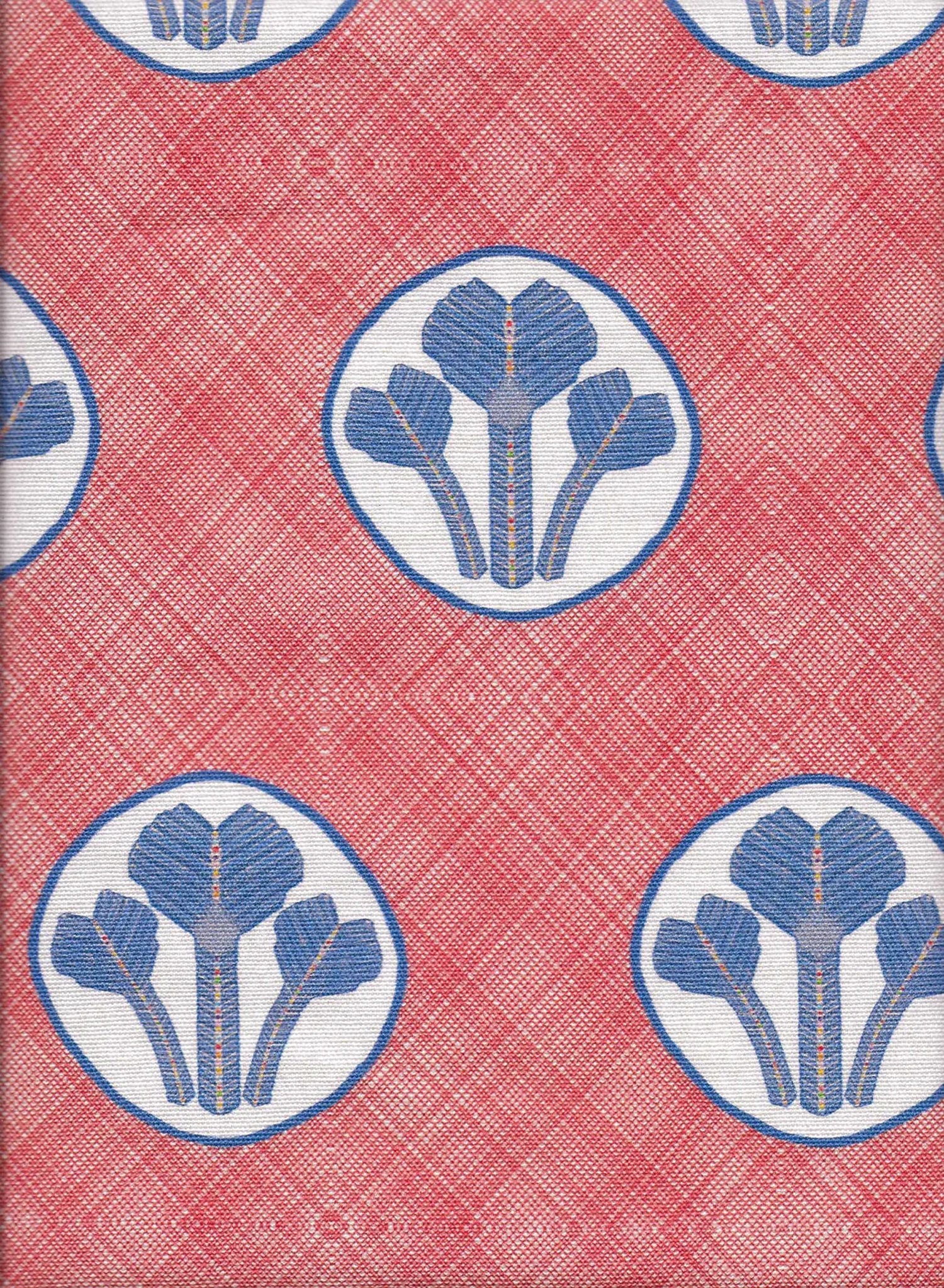 Detail of fabric in a repeating curvilinear floral print in blue and cream on a red field.