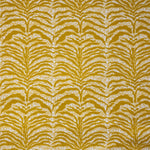 Detail of fabric in a linear botanical print in mustard on a mottled yellow and cream field.