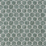 Detail of a printed linen fabric in a repeating knotted pattern in jade on a white field.