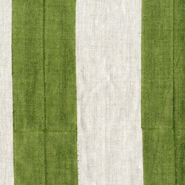 Fabric in a wide stripe pattern in olive and cream.