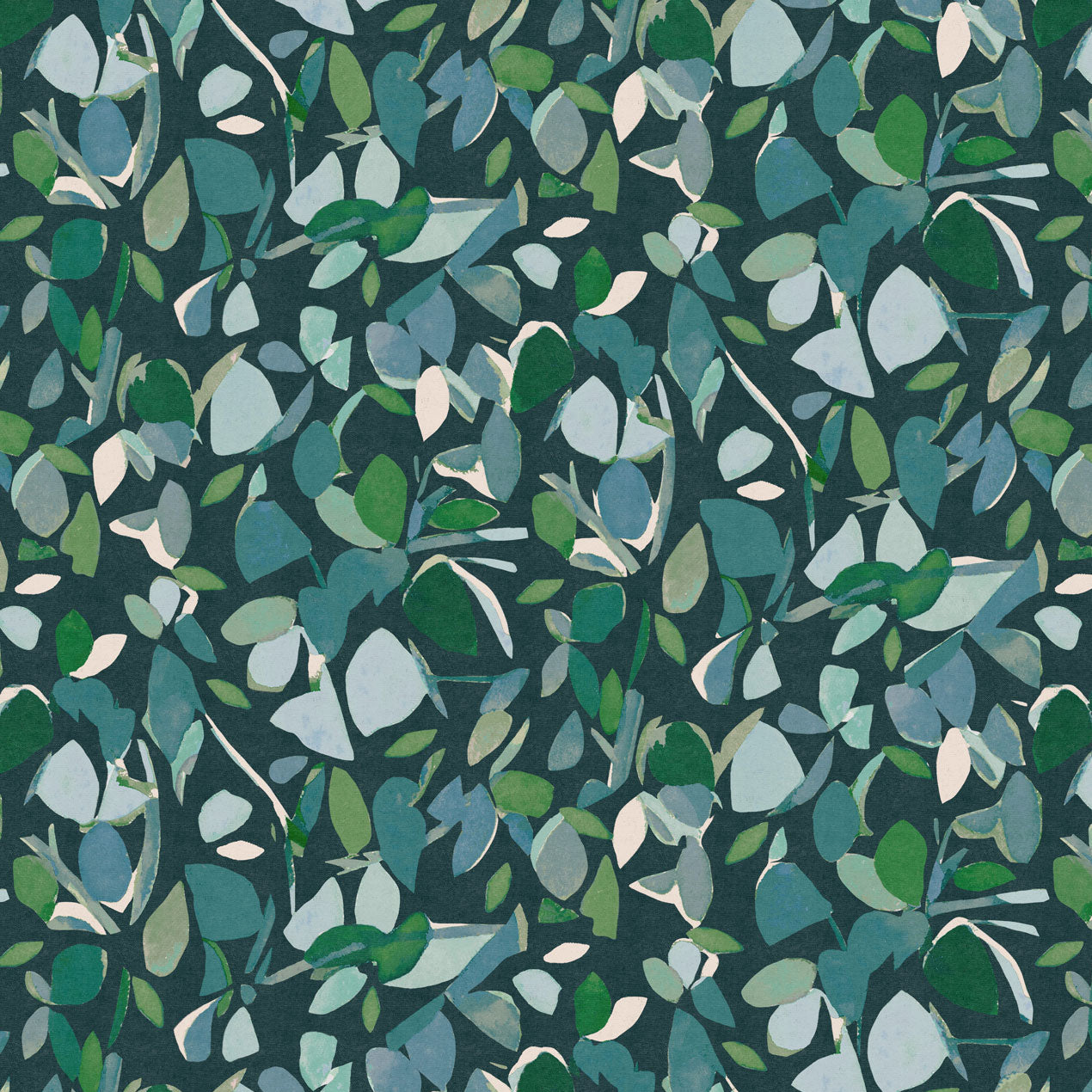 Detail of fabric in a minimal leaf print in shades of blue and green on a navy field.