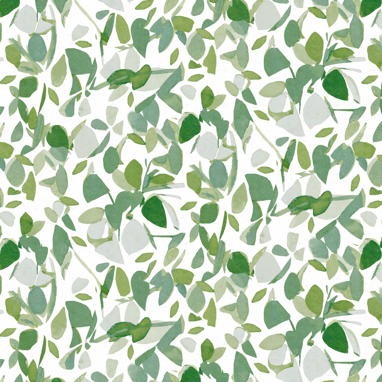 Detail of fabric in a minimal leaf print in shades of green and gray on a white field.