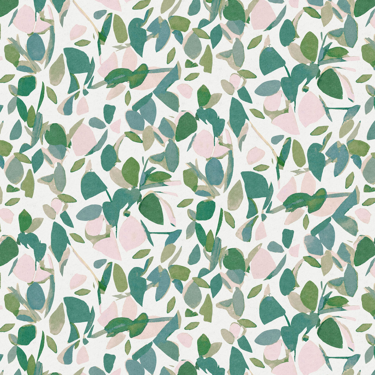 Detail of fabric in a minimal leaf print in shades of blue, green and pink on a white field.
