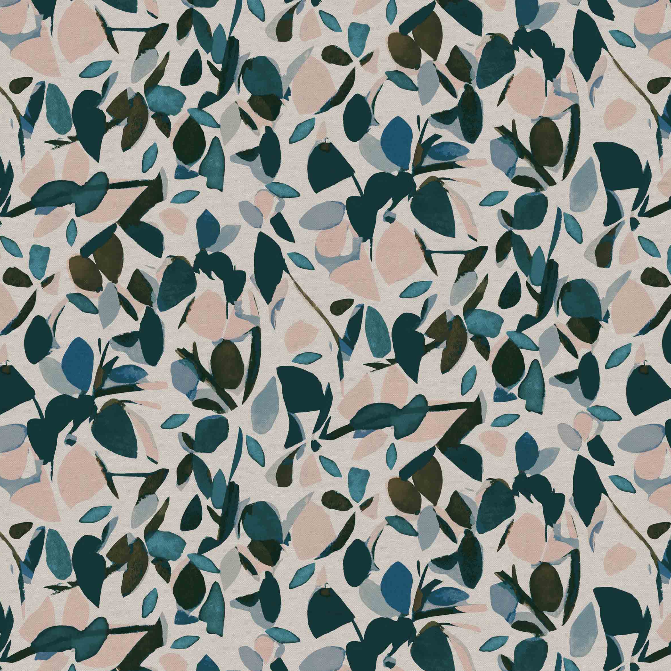 Detail of fabric in a minimal leaf print in shades of blue, brown and pink on a tan field.