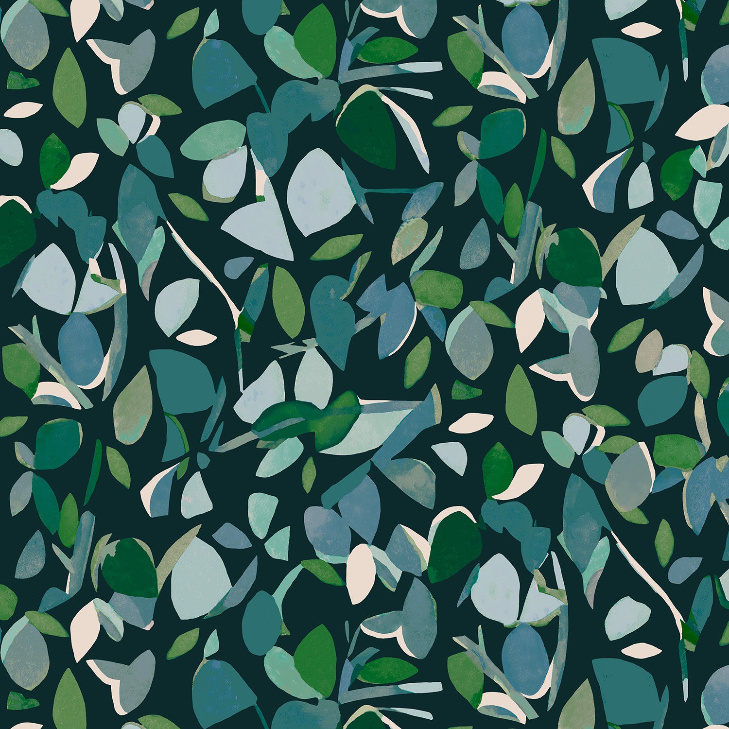 Detail of wallpaper in a minimal leaf print in shades of blue and green on a navy field.