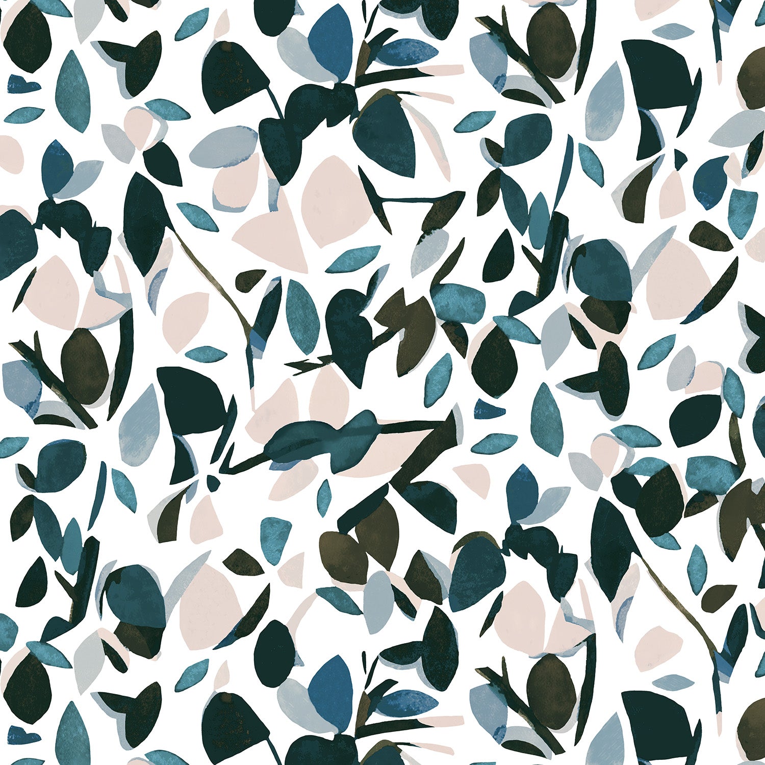 Detail of wallpaper in a minimal leaf print in shades of pink, turquoise and gray on a white field.