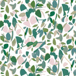 Detail of wallpaper in a minimal leaf print in shades of green and pink on a white field.