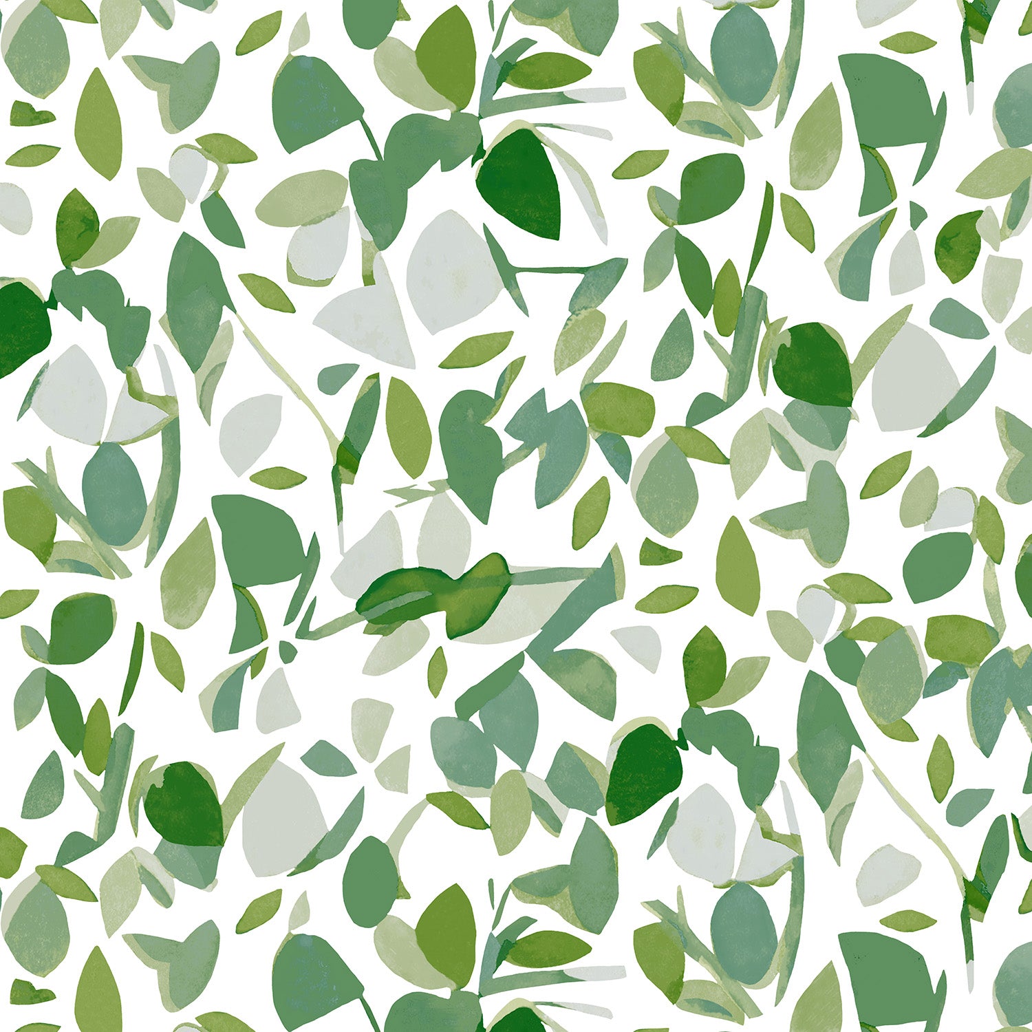 Detail of wallpaper in a minimal leaf print in shades of green and gray on a white field.