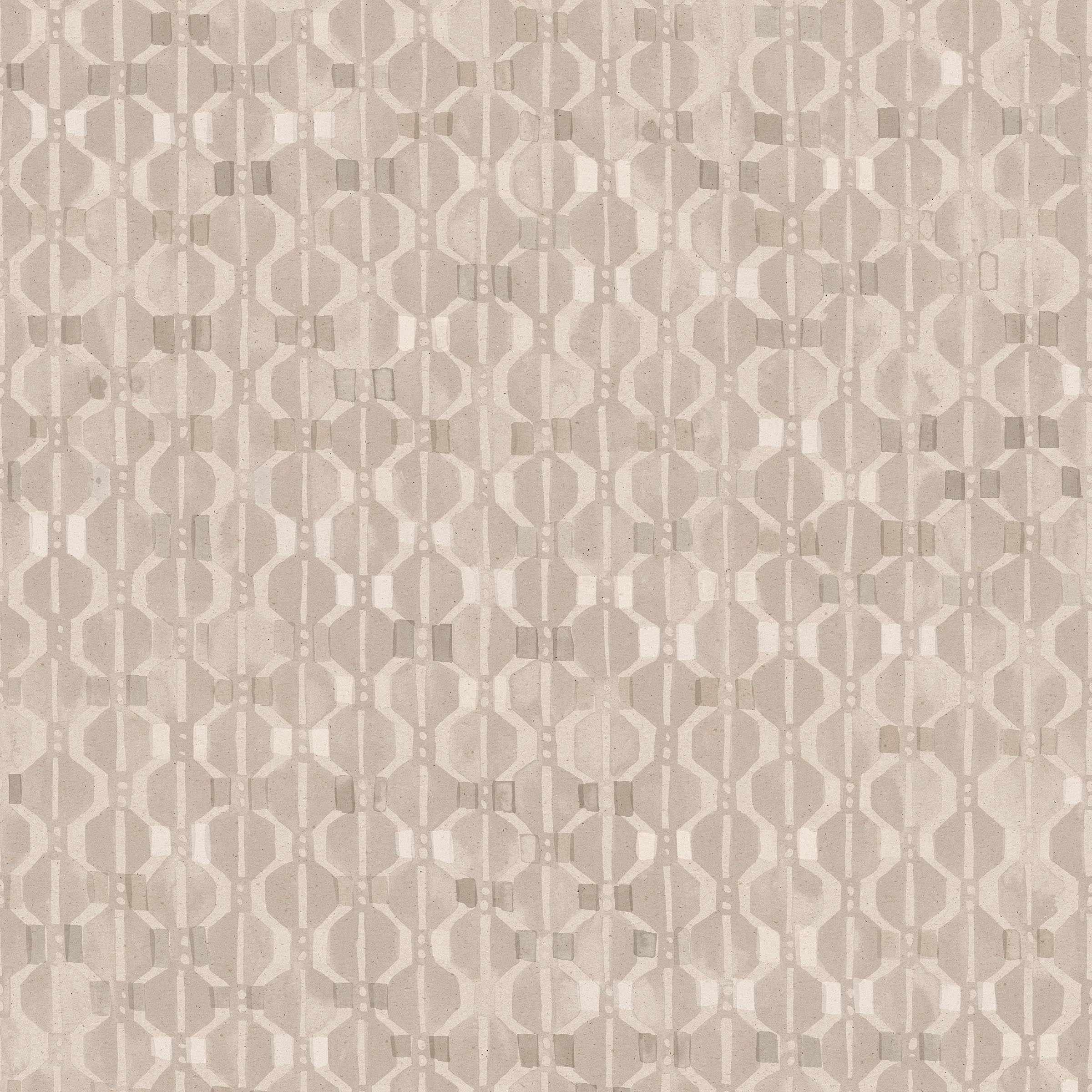 Detail of fabric in a geometric stripe pattern in shades of cream and gray.