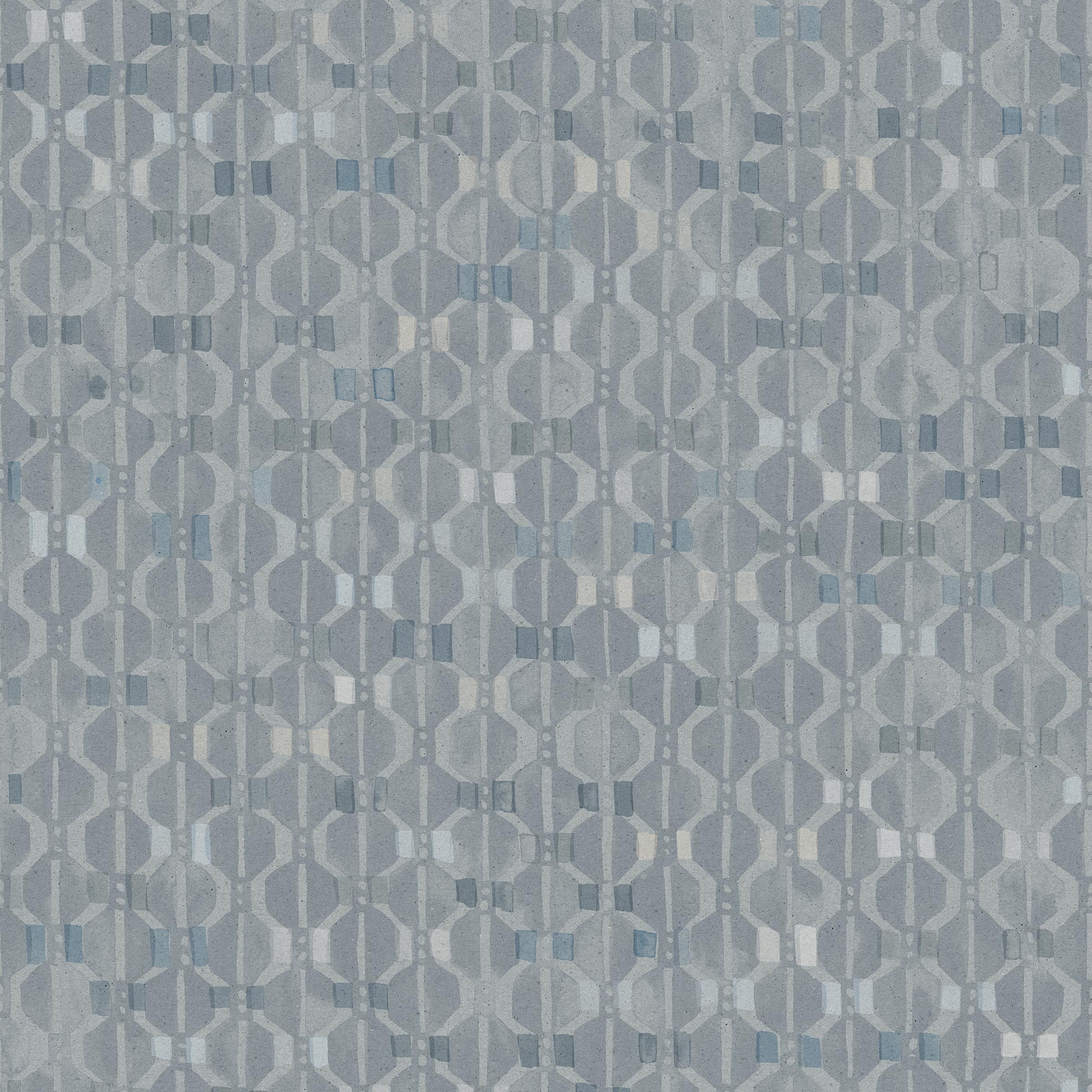 Detail of fabric in a geometric stripe pattern in shades of blue and gray.