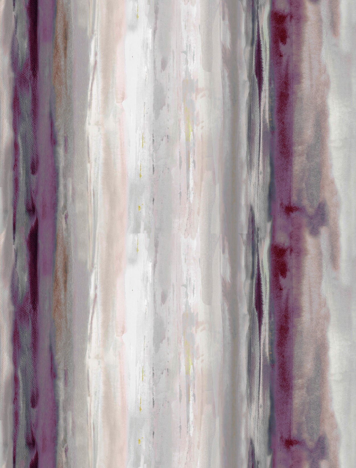 Detail of fabric in an abstract painterly print in shades of gray, purple and cream.