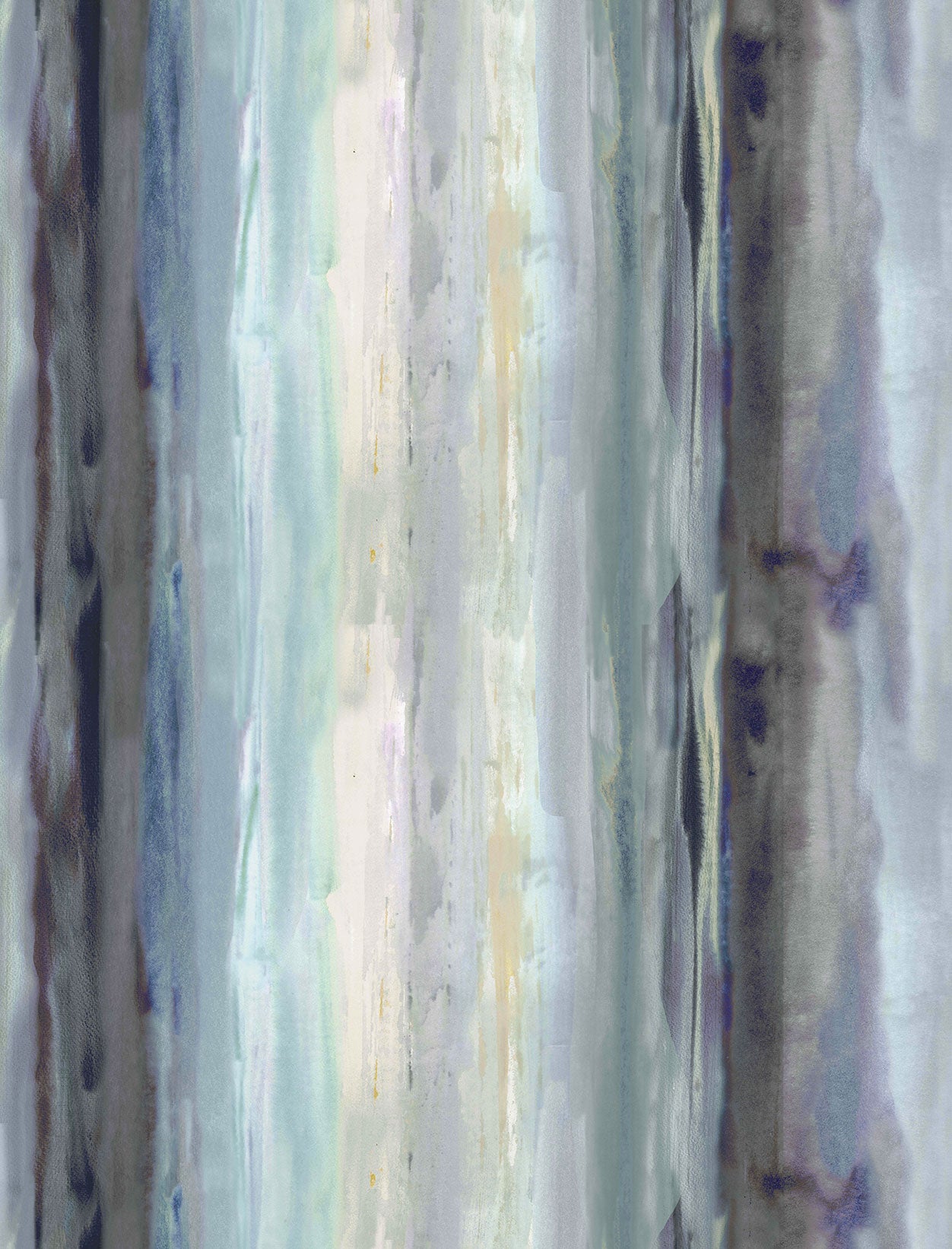 Detail of fabric in an abstract painterly print in shades of gray, blue, green and cream.