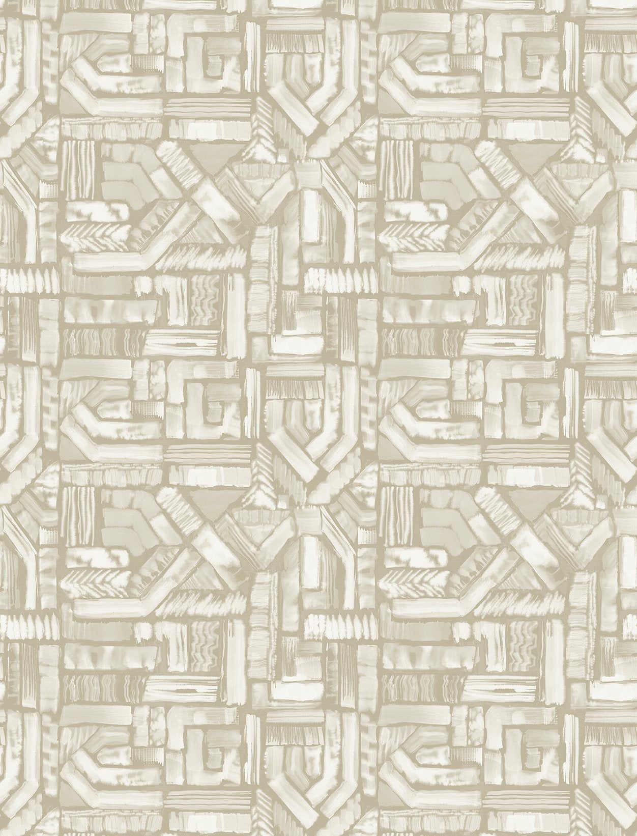 Detail of fabric in an absract geometric pattern in shades of cream.