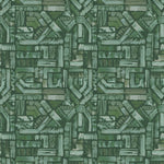 Detail of fabric in an absract geometric pattern in shades of green.