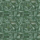 Detail of fabric in an absract geometric pattern in shades of green.