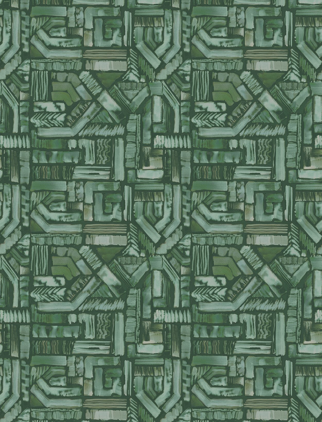 Detail of fabric in an absract geometric pattern in shades of green.