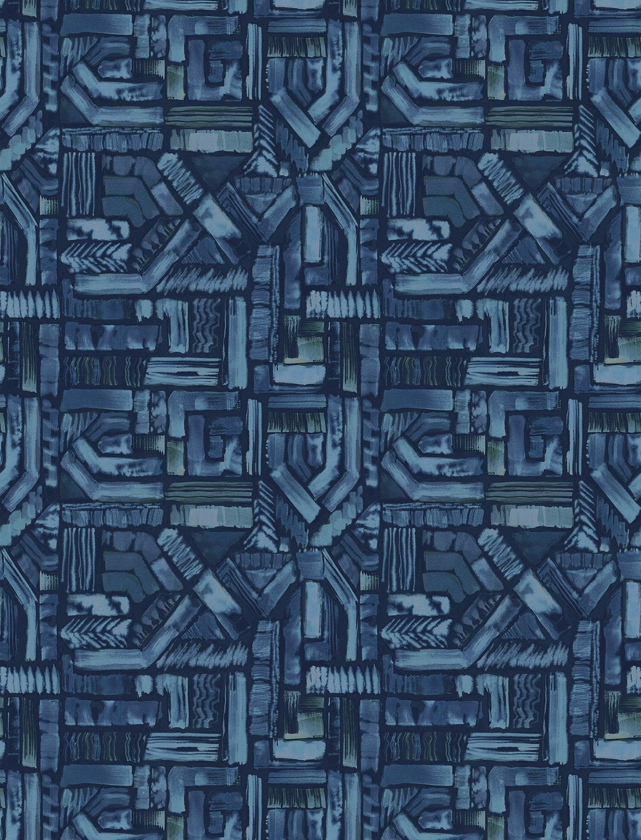 Detail of fabric in an absract geometric pattern in shades of blue and navy.