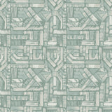 Detail of fabric in an absract geometric pattern in shades of cream and turquoise.