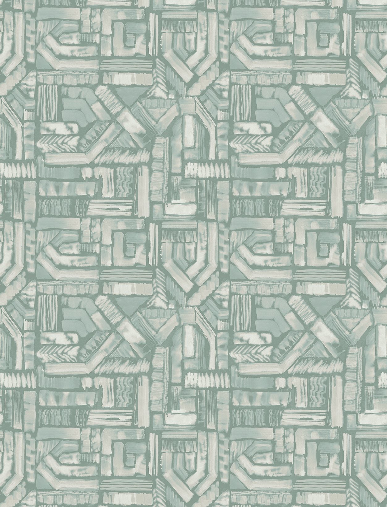 Detail of fabric in an absract geometric pattern in shades of cream and turquoise.