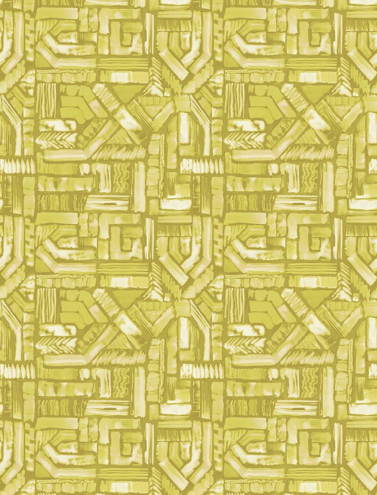 Detail of fabric in an absract geometric pattern in shades of yellow.