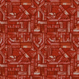 Detail of fabric in an absract geometric pattern in shades of red.