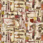 Detail of fabric in an abstract layered paint blotch print in shades of olive, cream and pink.