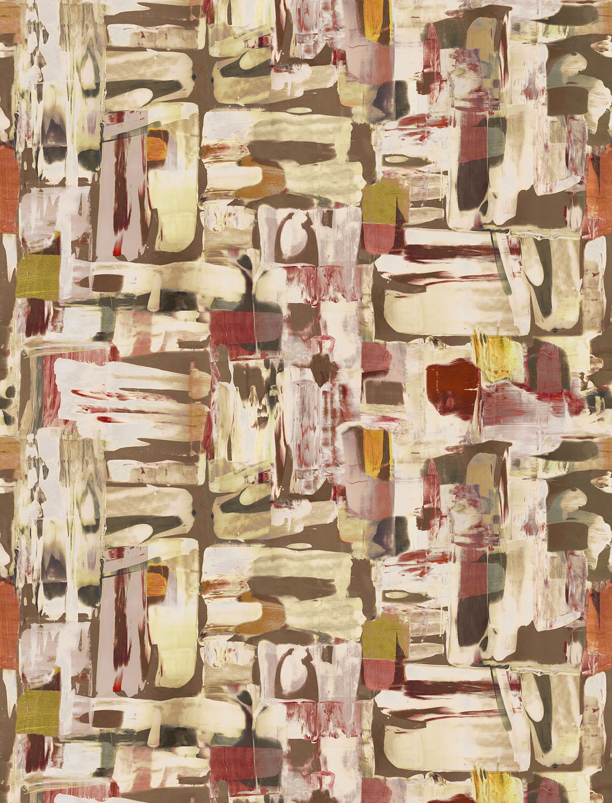 Detail of fabric in an abstract layered paint blotch print in shades of olive, cream and pink.