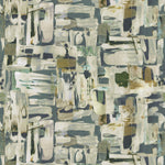 Detail of fabric in an abstract layered paint blotch print in shades of blue, cream and olive.