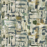 Detail of fabric in an abstract layered paint blotch print in shades of blue, cream and olive.